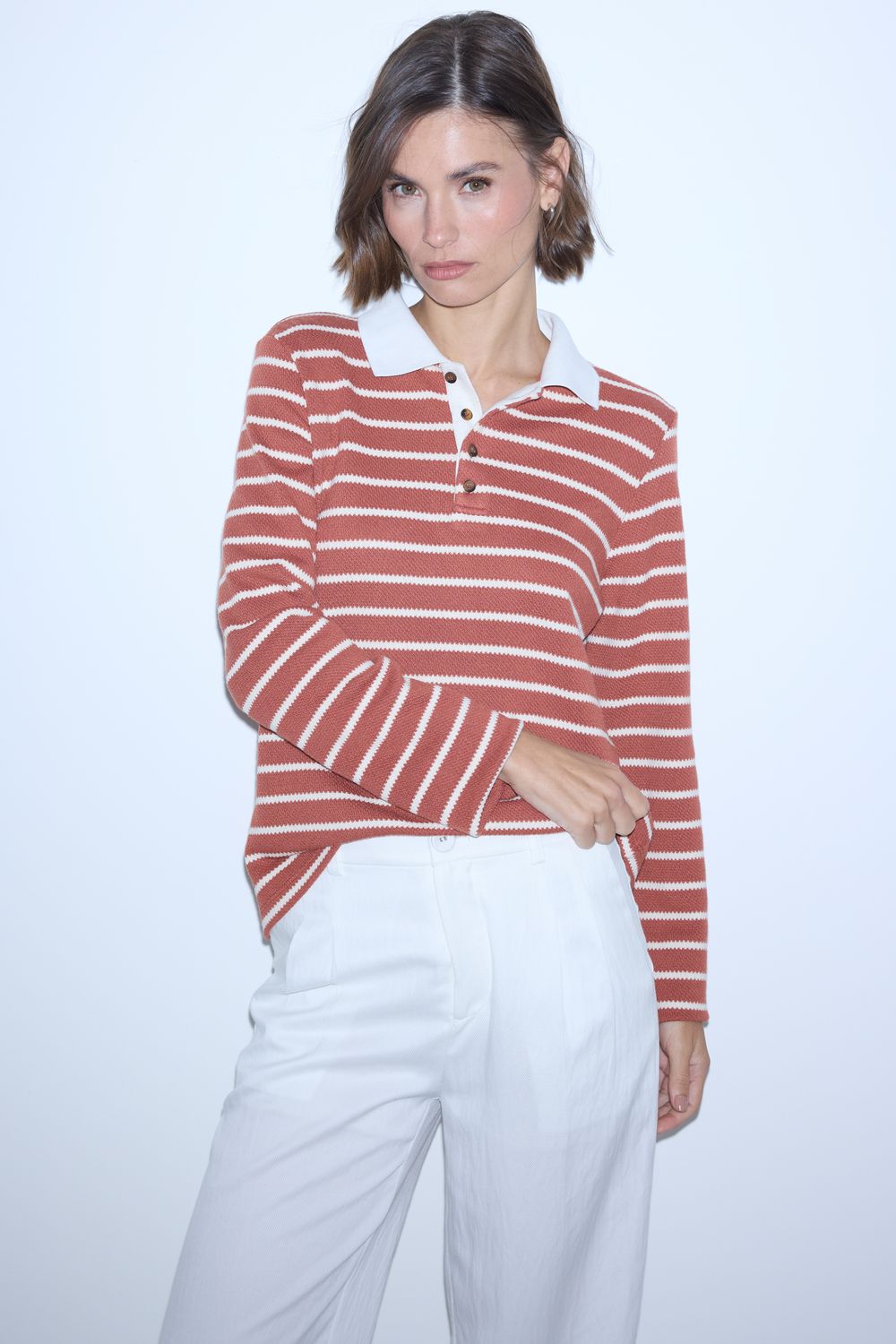 Blusa Malha Polo Listrada Waffle - TELHA P - TELHA Blusa Malha Polo Listrada Waffle - TELHA P - TELHA