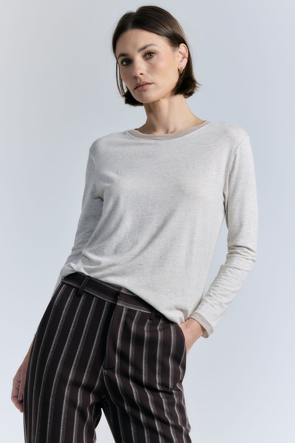 Blusa Malha Com Linho Detalhe Tule - NATURAL PP - NATURAL Blusa Malha Com Linho Detalhe Tule - NATURAL PP - NATURAL